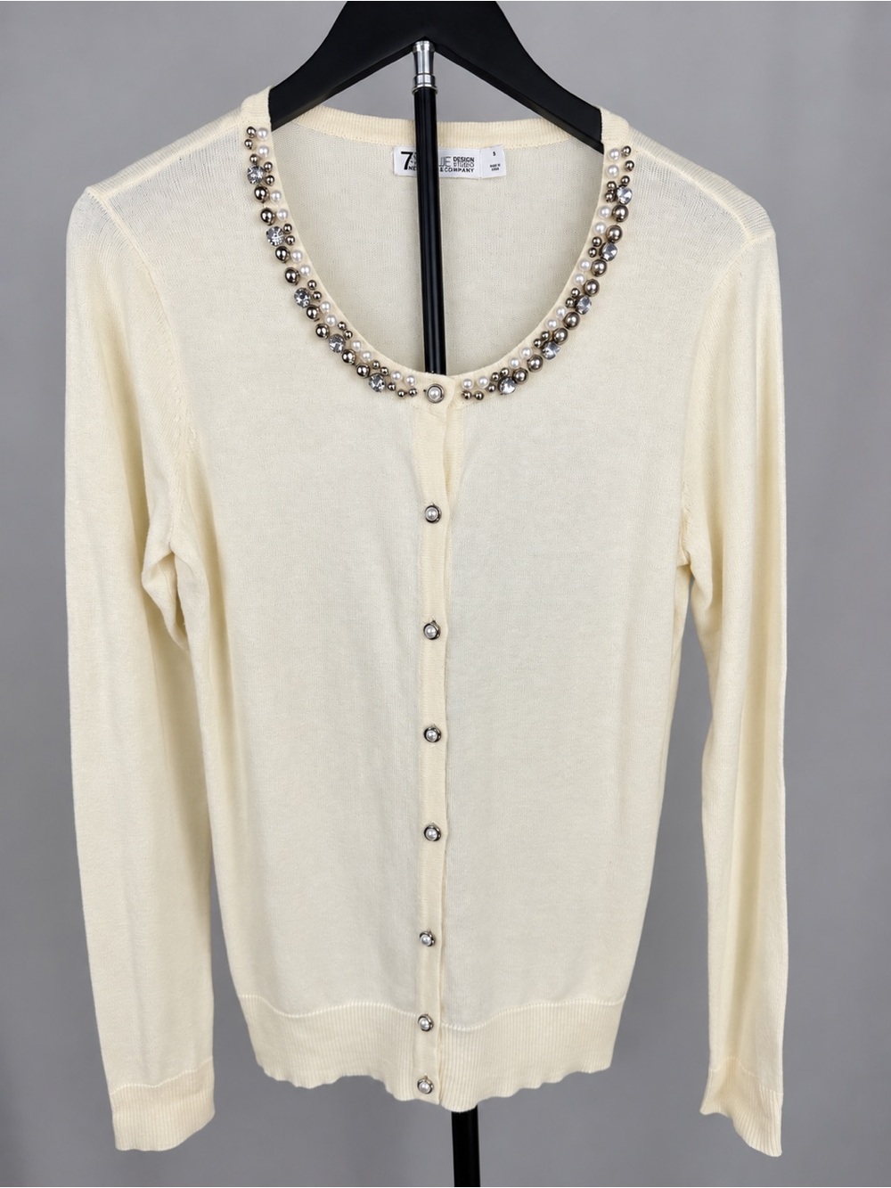 7th Avenue NY&C Ivory Pearl Crystal Jeweled Cardigan Small